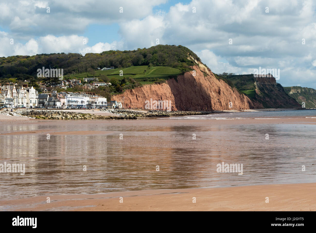 Views of Sidmouth beaches and town, including the cliffs and rocks, architecture, buildings, Jacobs Ladder, pebble beaches and sea. Stock Photo