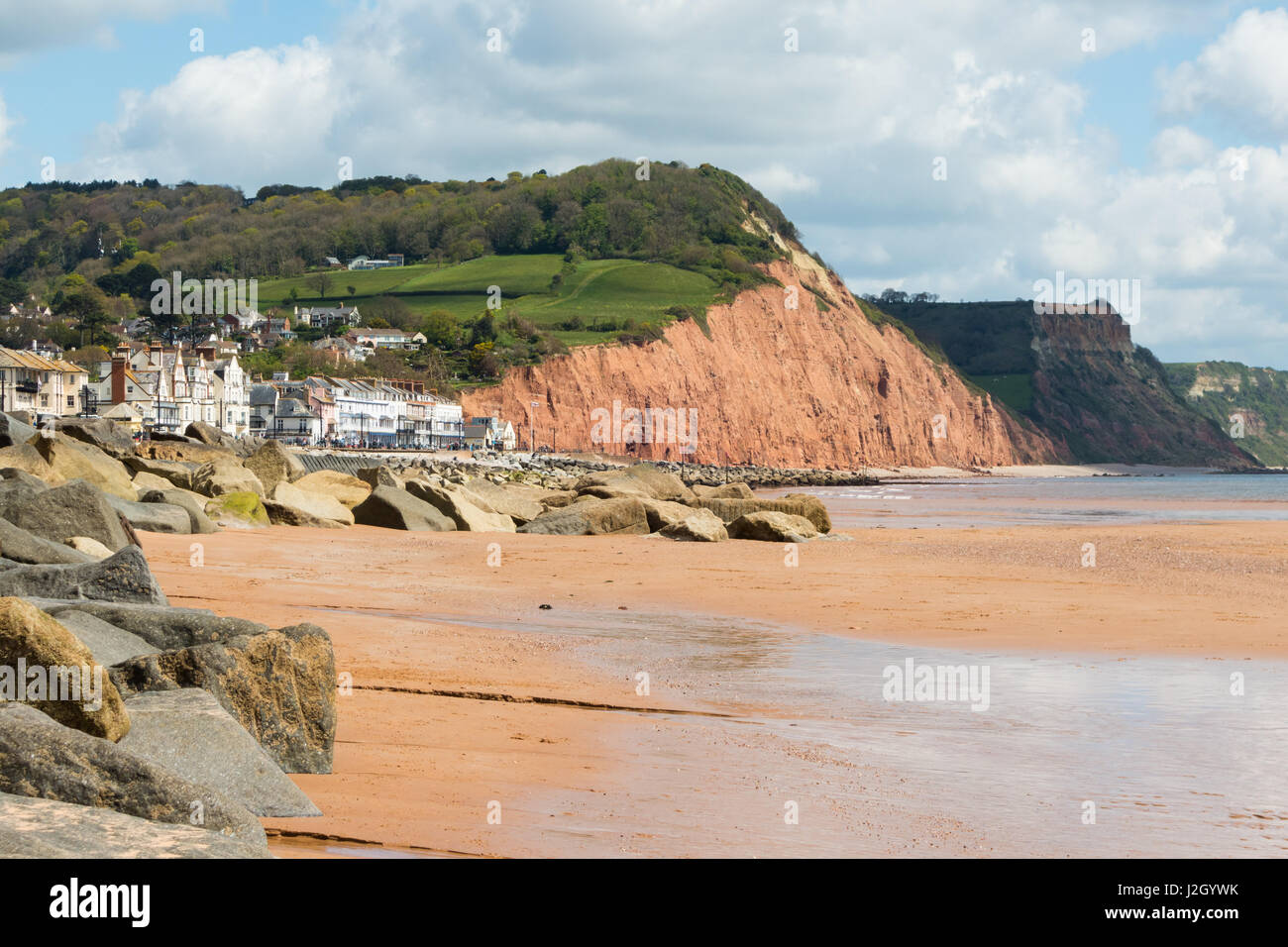 Views of Sidmouth beaches and town, including the cliffs and rocks, architecture, buildings, Jacobs Ladder, pebble beaches and sea. Stock Photo