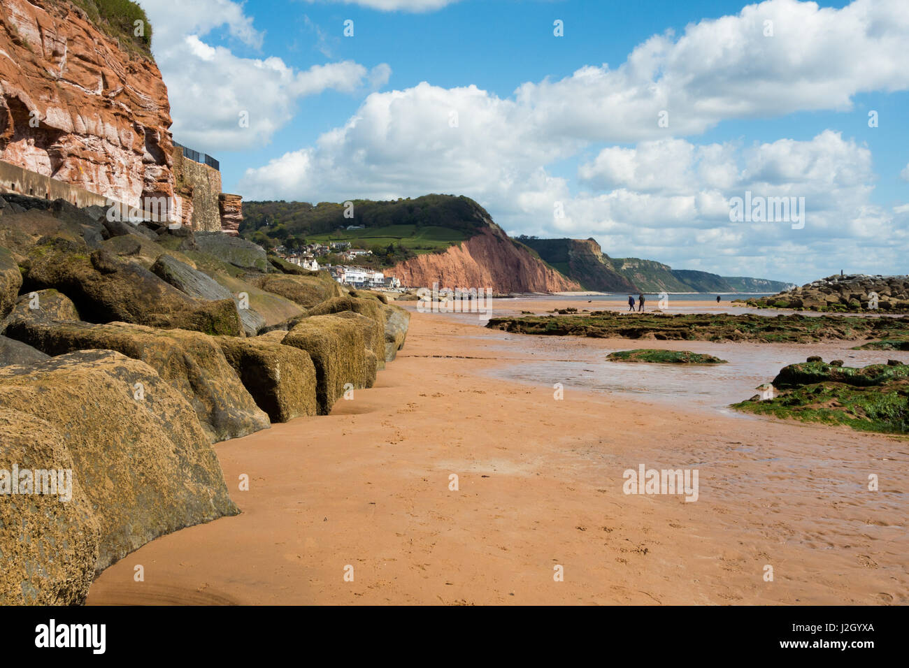 Views of Sidmouth beaches and town, including the cliffs and rocks, architecture, buildings, Jacobs Ladder, pebble beaches and sea. Stock Photo