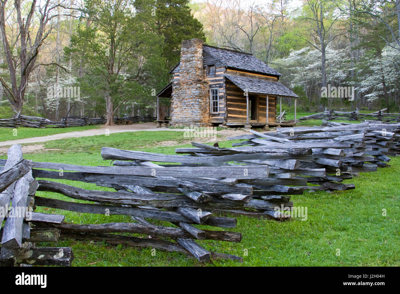 John Oliver Cabin in spring, Cades Cove area, Great Smoky Mountains National Park, Tennessee Stock Photo
