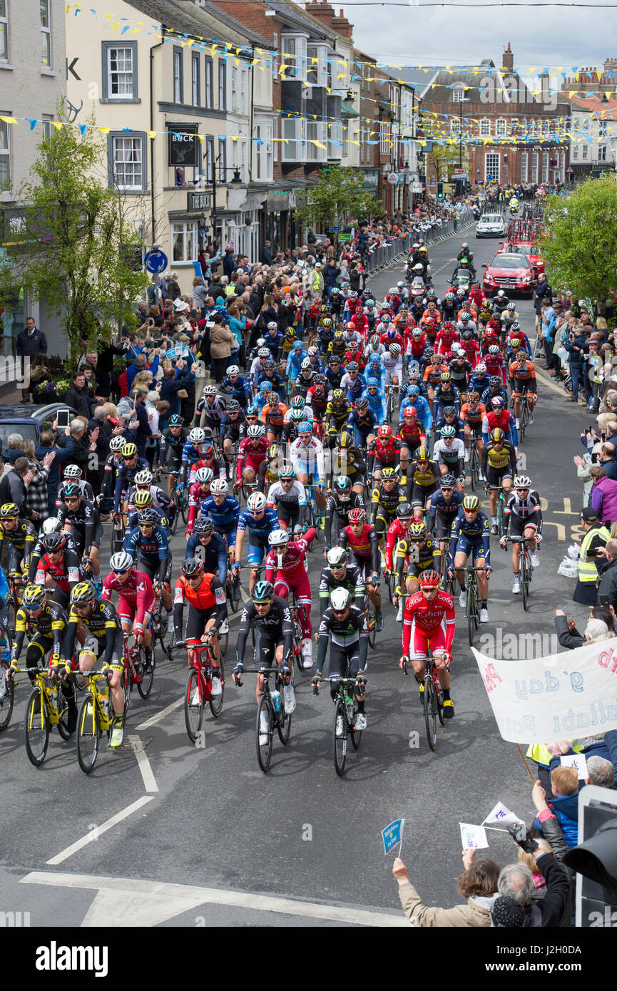The peloton on stage one of the 2017 Tour De Yorkshire cycling race as it passes through the town centre of Driffield in East Yorkshire Stock Photo