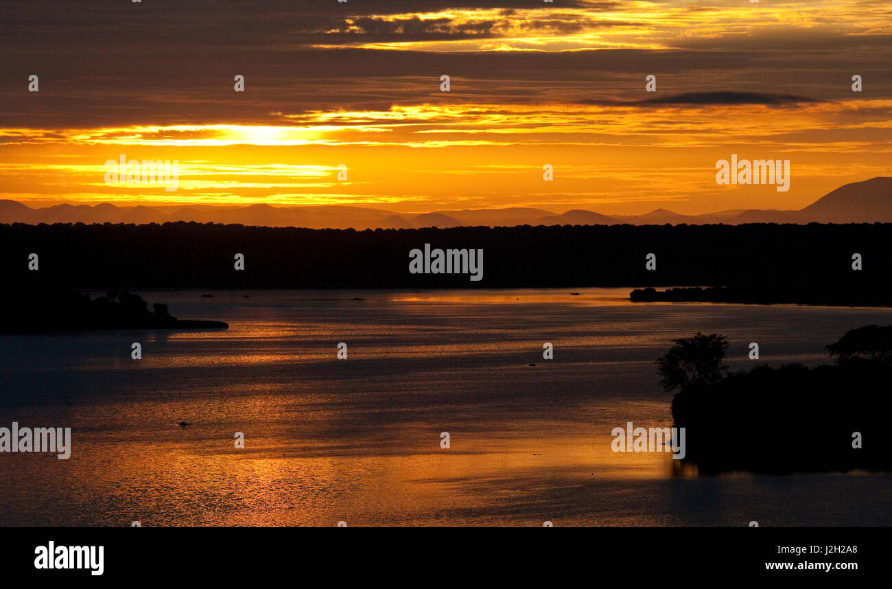 Sunrise over the Kazinga channel. Africa. Uganda. An excellent illustration. Stock Photo