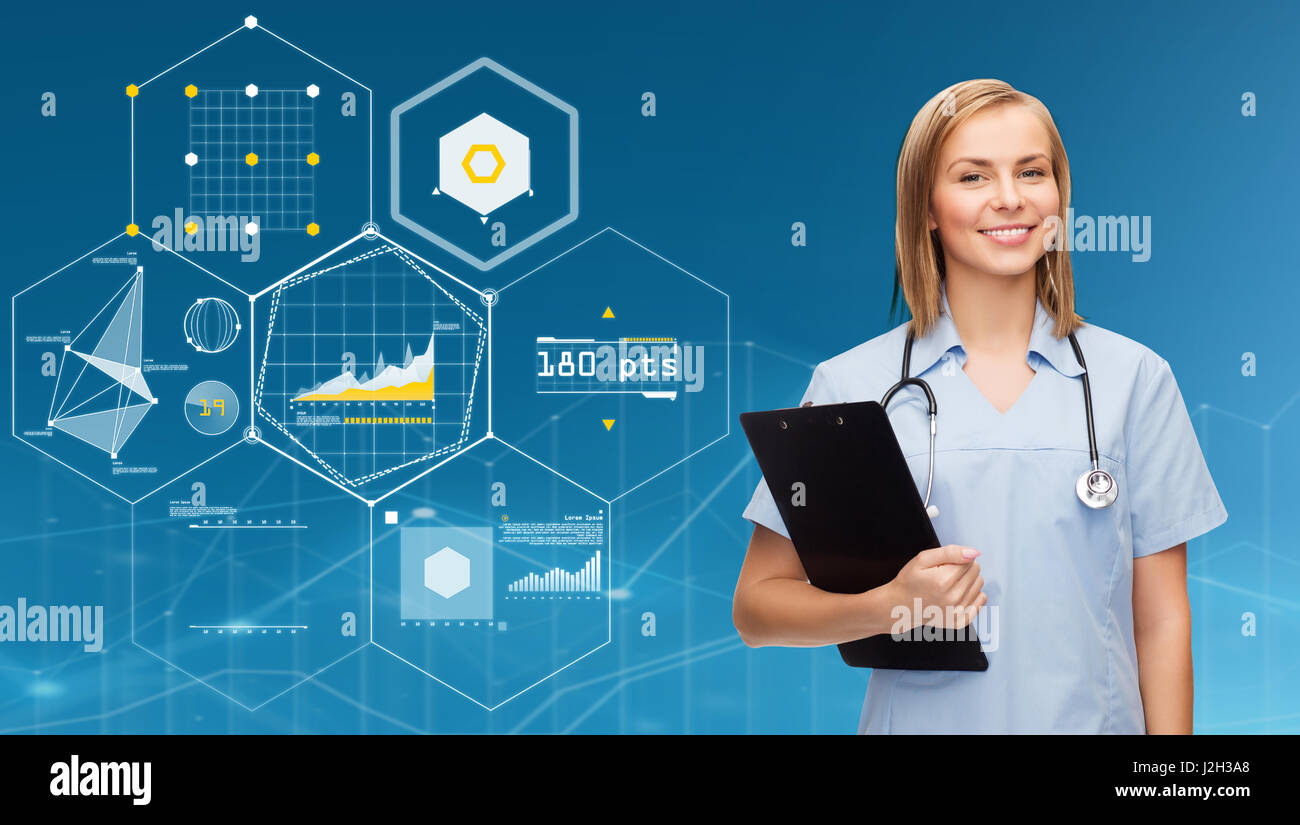 smiling female doctor or nurse with clipboard Stock Photo - Alamy