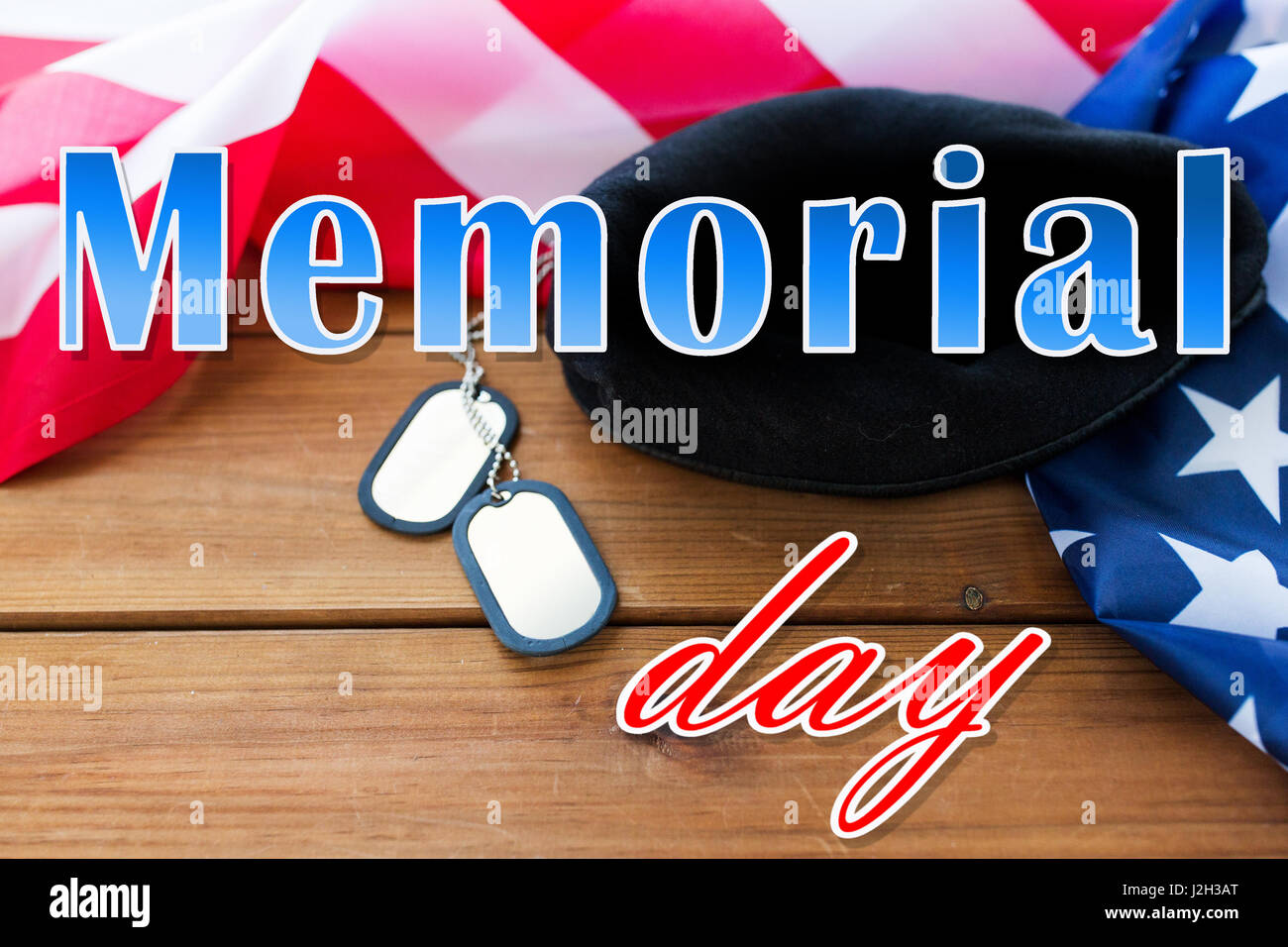memorial day over american flag, hat and dog tag Stock Photo