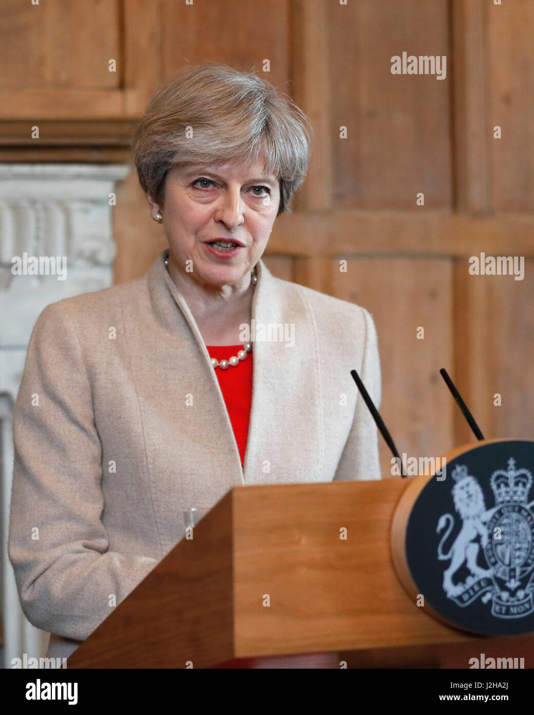 Prime Minister Theresa May speaks during a joint press conference with Japan's Prime Minister Shinzo Abe after their meeting at Chequers. Stock Photo