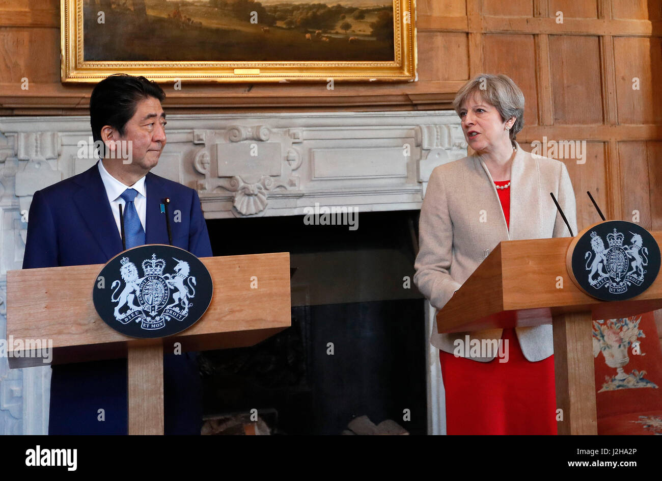Prime Minister Theresa May speaks during a joint press conference with Japan's Prime Minister Shinzo Abe after their meeting at Chequers. Stock Photo