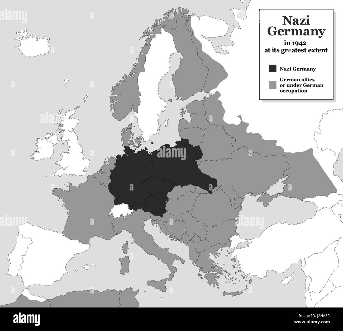 Nazi Germany at its greatest extent during WWII in 1942 - with german allies and states under german occupation. Historical black and white map. Stock Photo