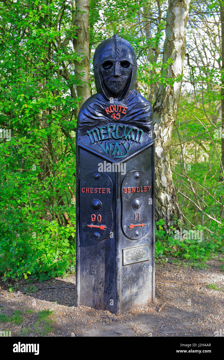 Mercian Way Route 45 waymarker depicting an Anglo-Saxon warrior in the Severn Valley Country Park near Alveley, Shropshire, England, UK. Stock Photo