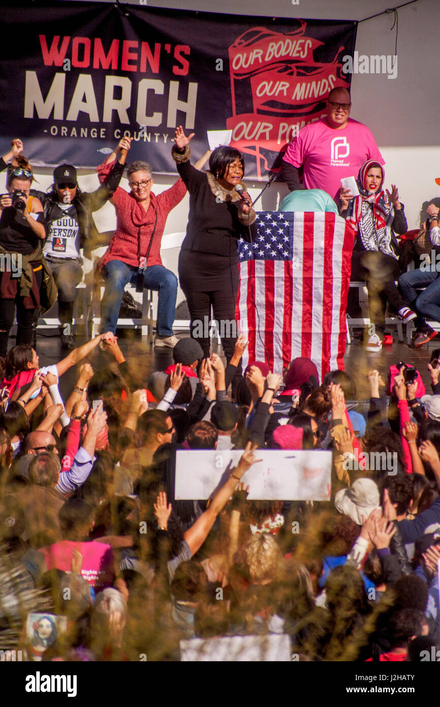 An African American speaker addresses the crowd at the January, 2017, Anti-Trump Women's March in Santa Ana, CA. Stock Photo