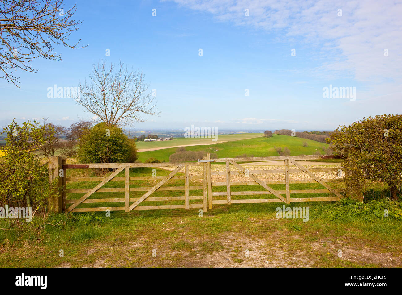 wooden farm gates with trees overlooking the vale of york on a sunny springtime day in the yorkshire wolds Stock Photo