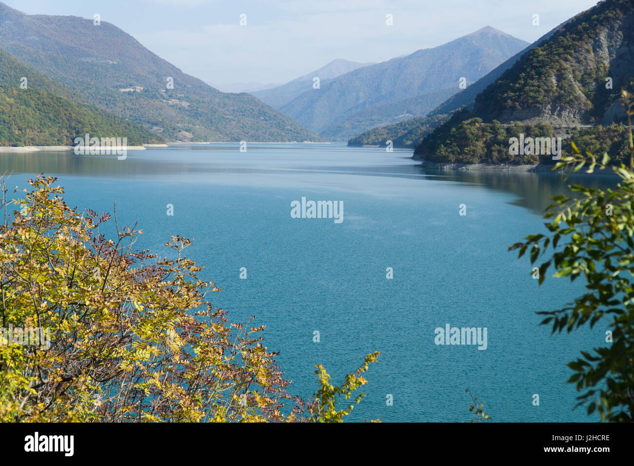 View of the Zhinvali reservoir on the Aragvi river near the village of Ananuri. September Stock Photo