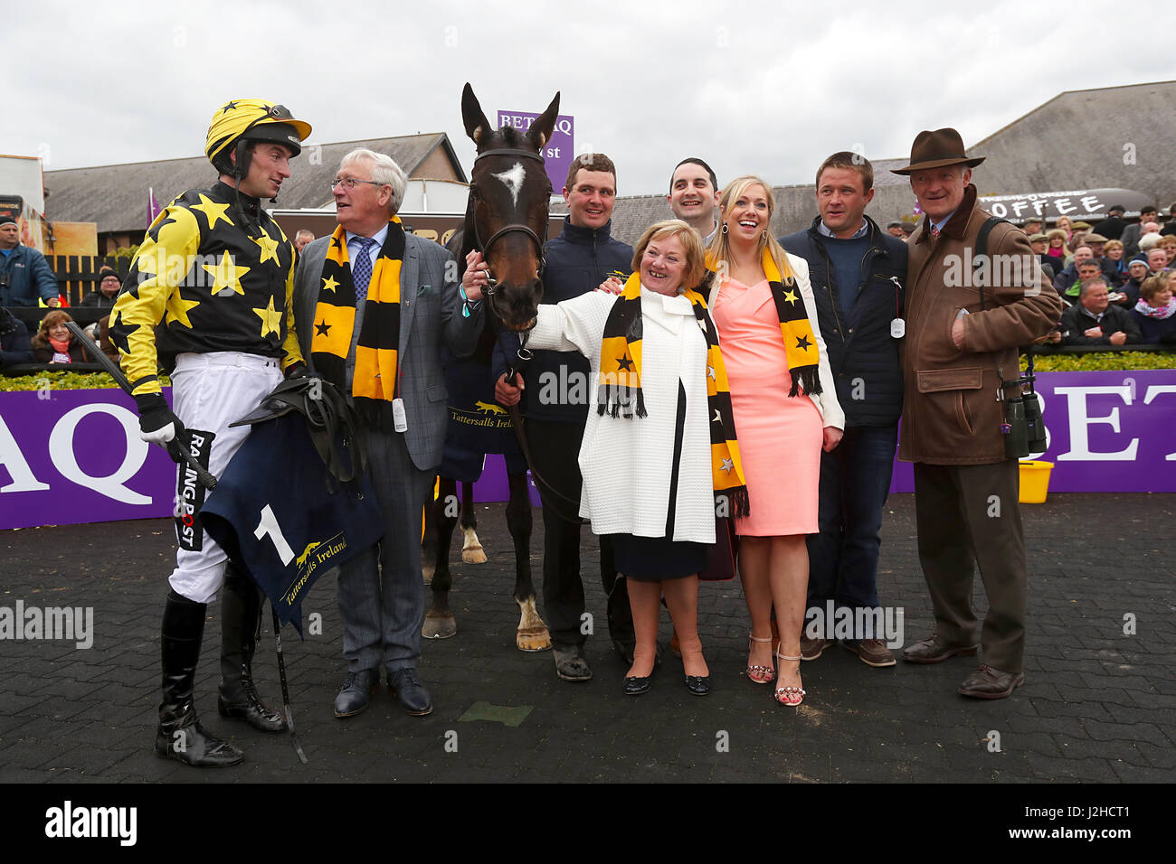 Jockey Patrick Mullins (left) Trainer Willie Mullins and winning Horse