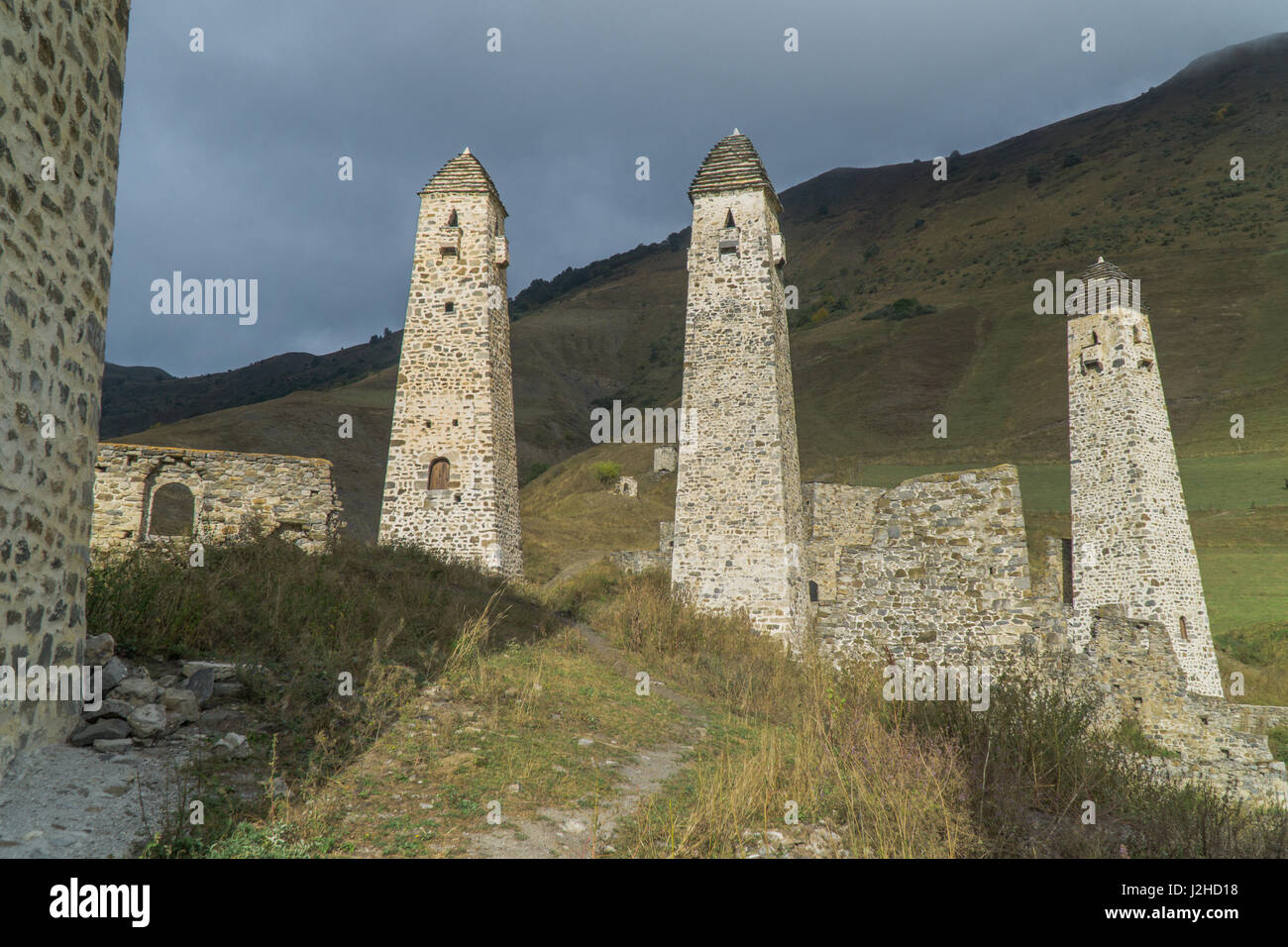 Battle towers Erzi in the Jeyrah gorge, Republic of Ingushetia. September Stock Photo