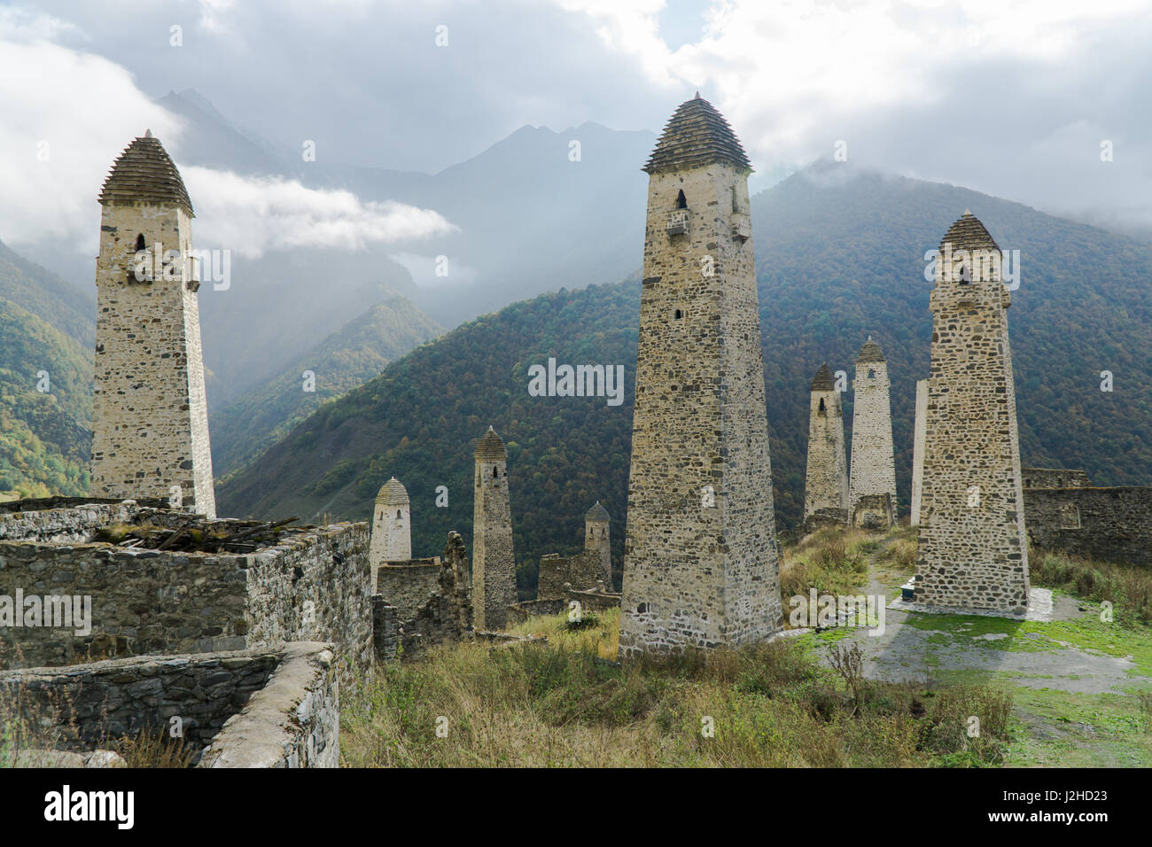 Battle towers Erzi in the Jeyrah gorge, Republic of Ingushetia. September Stock Photo