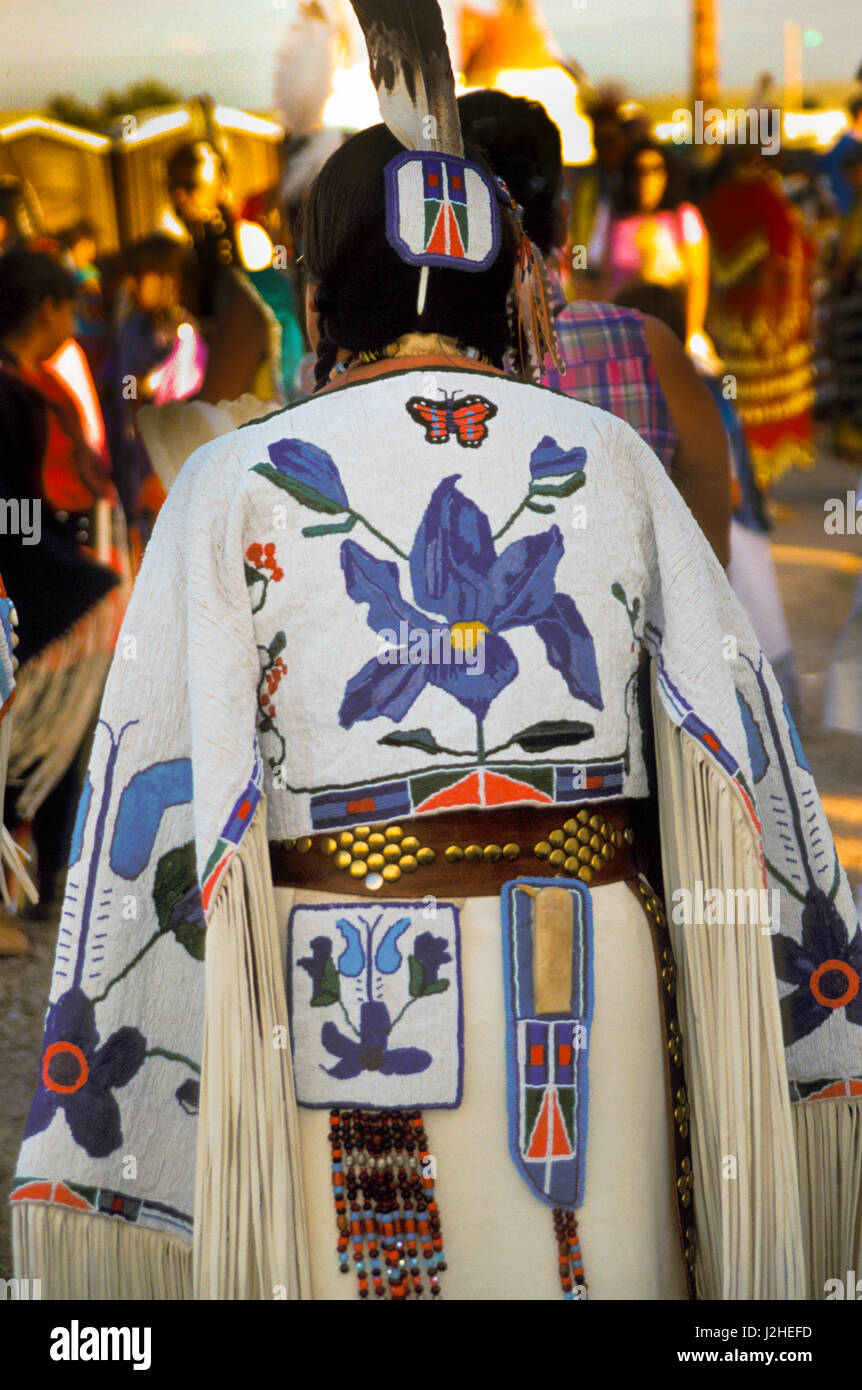 Beadwork of an iris flower design on the back yoke and purse of a