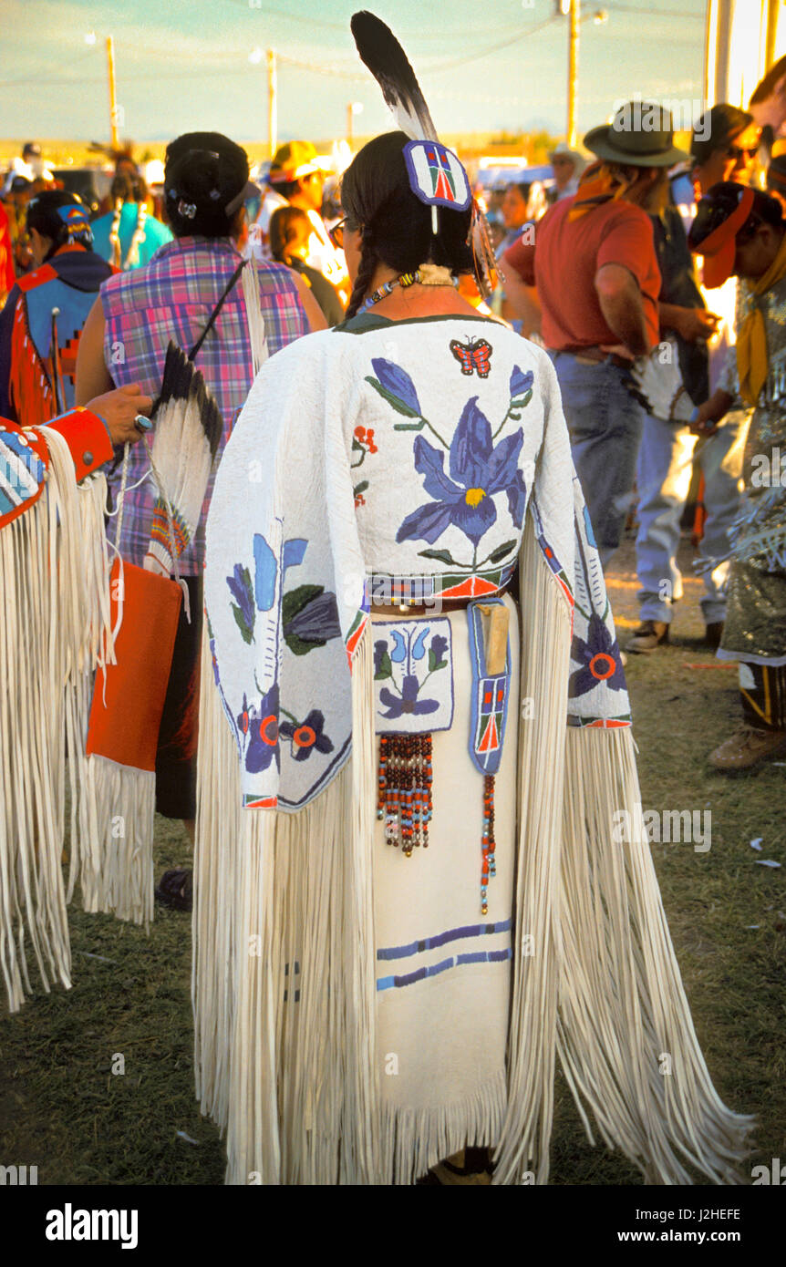 Beadwork of an iris flower design on the back yoke and purse of a