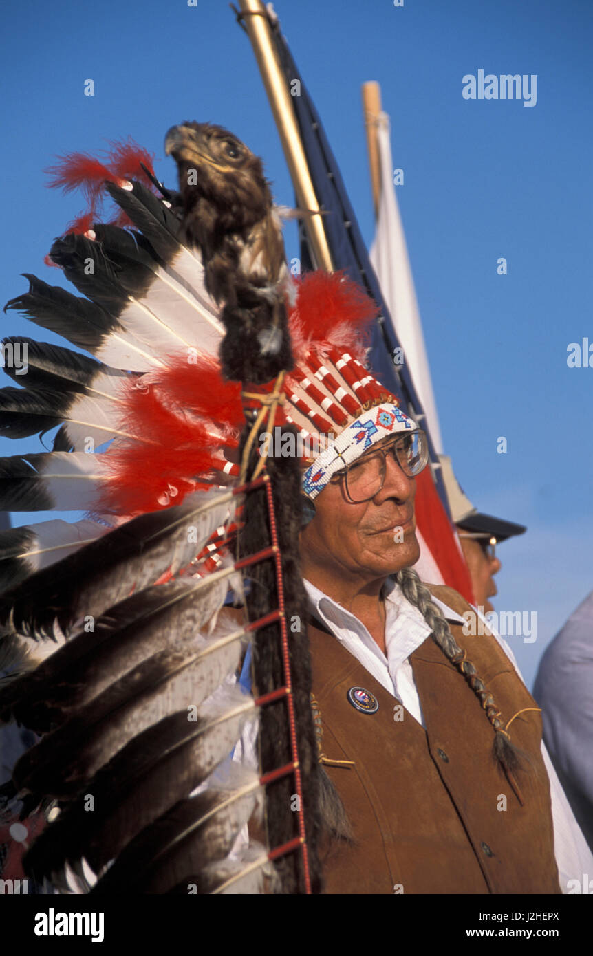 Honorable Blackfeet elder in full eagle headdress and beaded gloves holds an eagle staff during Grand Entry at the annual Indian Days Festival in Browning Montana Stock Photo