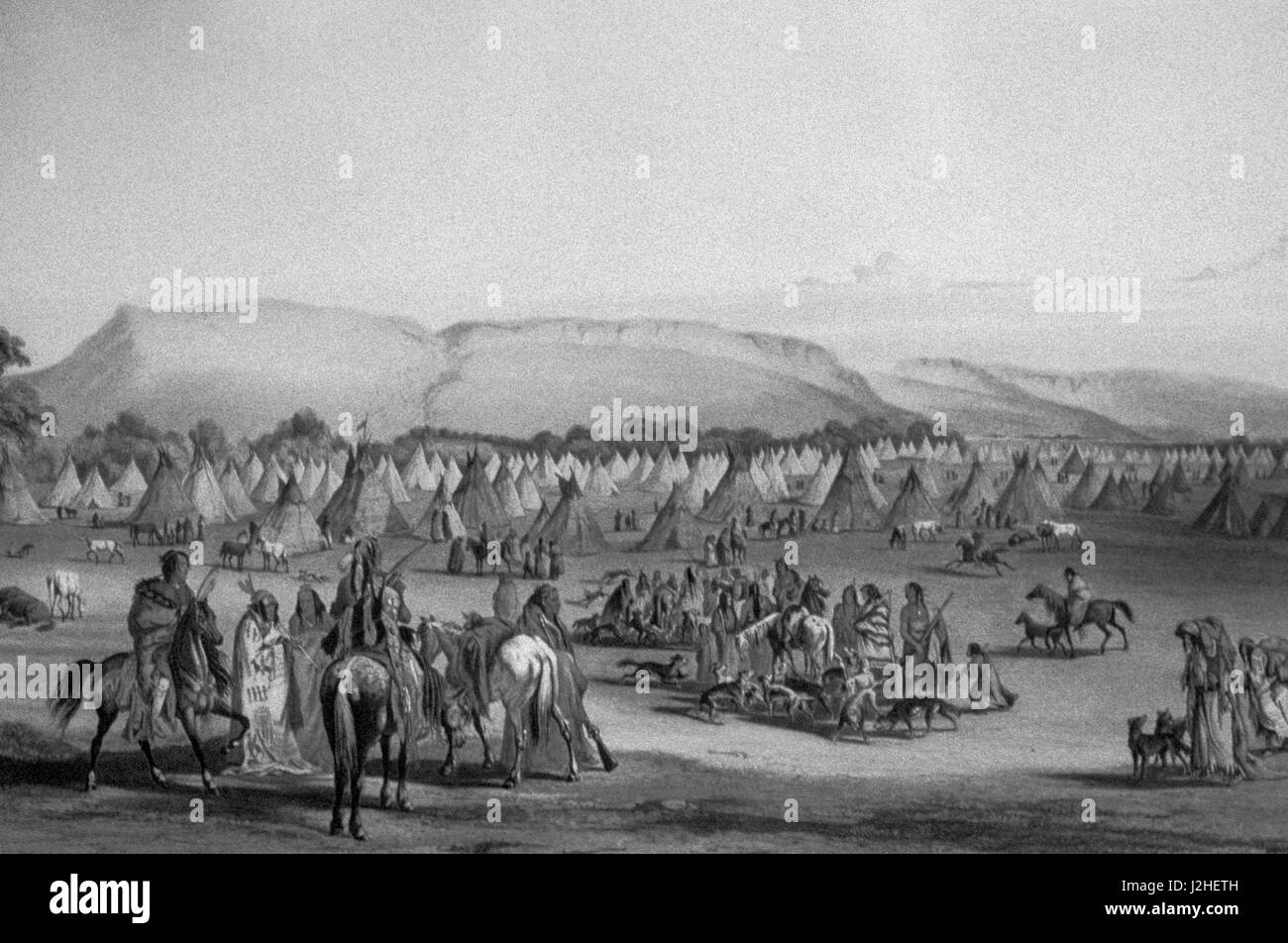 Historic painting by Karl Bodmer of tepee encampment of the Piegan who are trading during a Rendezvous Stock Photo