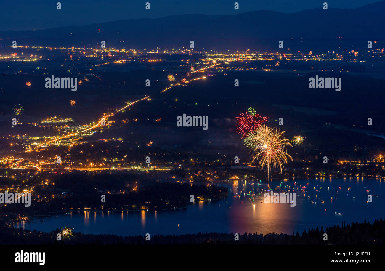 Looking down at the 4th of July fireworks show on Whitefish Lake in Whitefish, Montana, USA