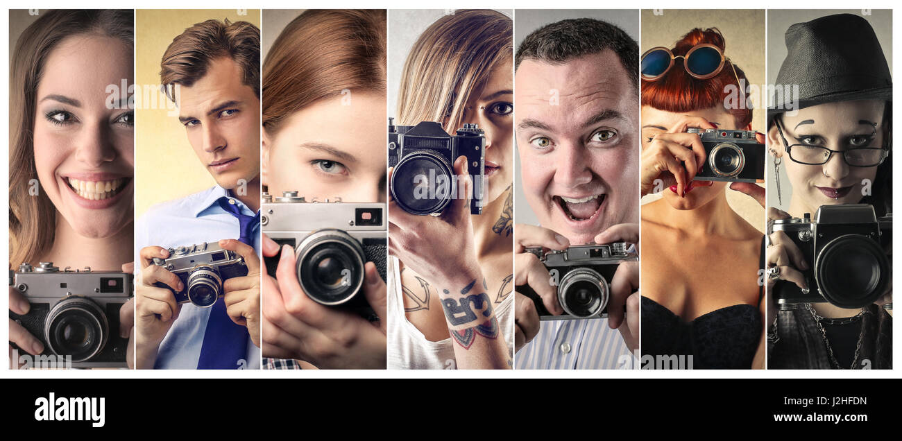 Collage of 7 people with cameras Stock Photo