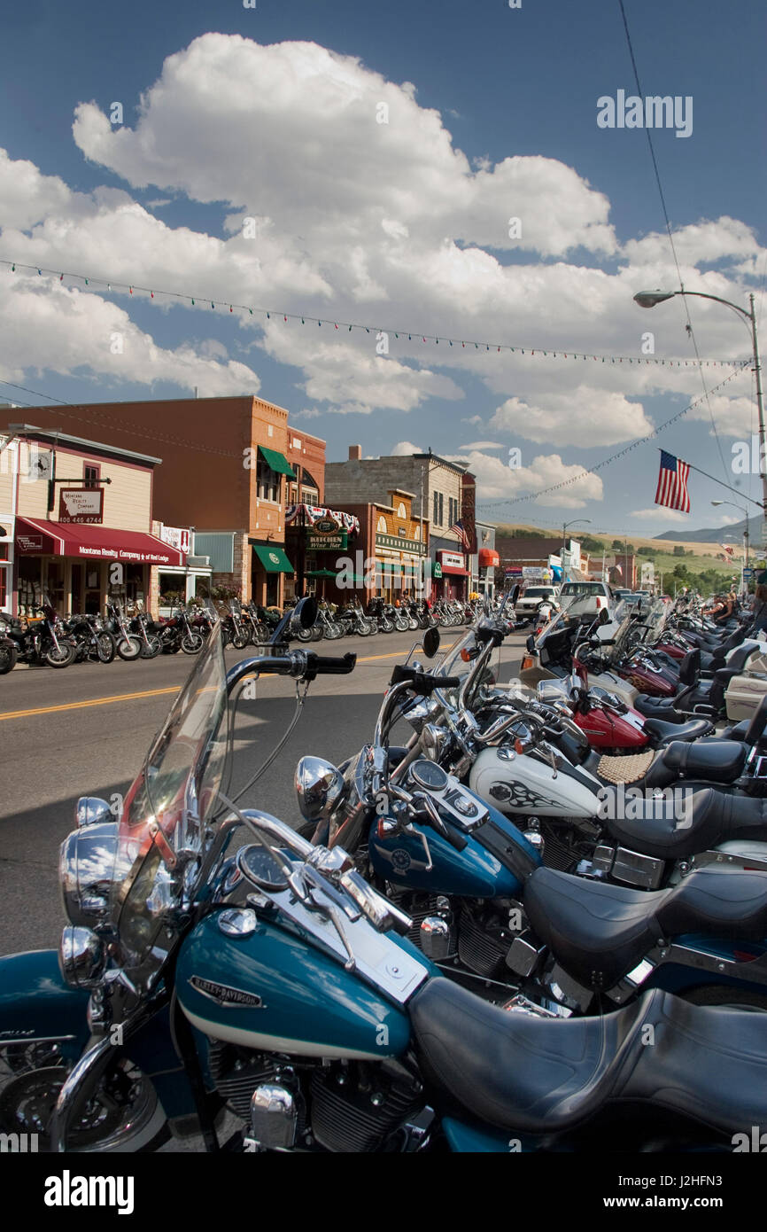United States, Montana, Red Lodge, motorcycles line main street during