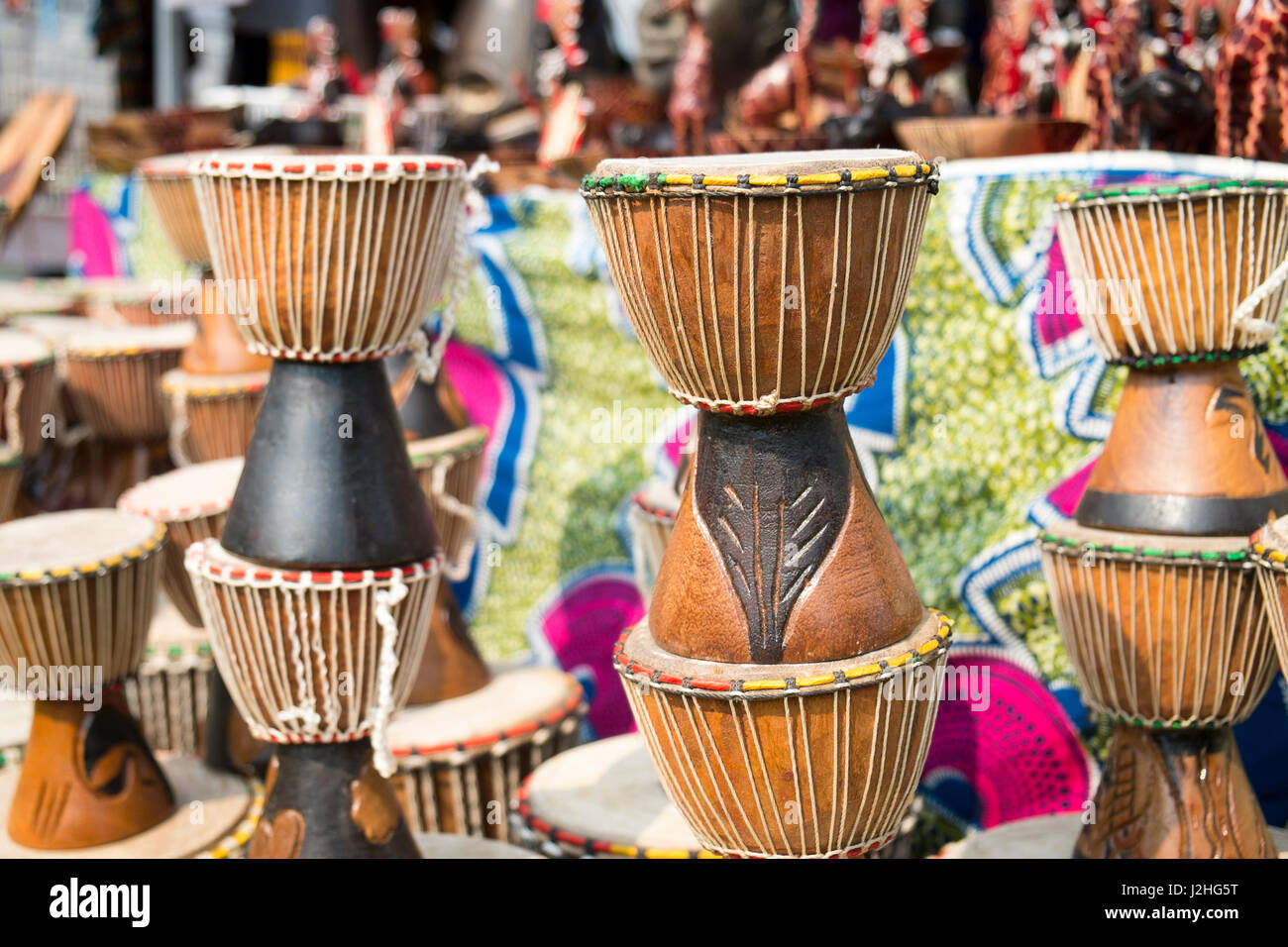 Djembe drums stacked up at an African festival, New York City, New York