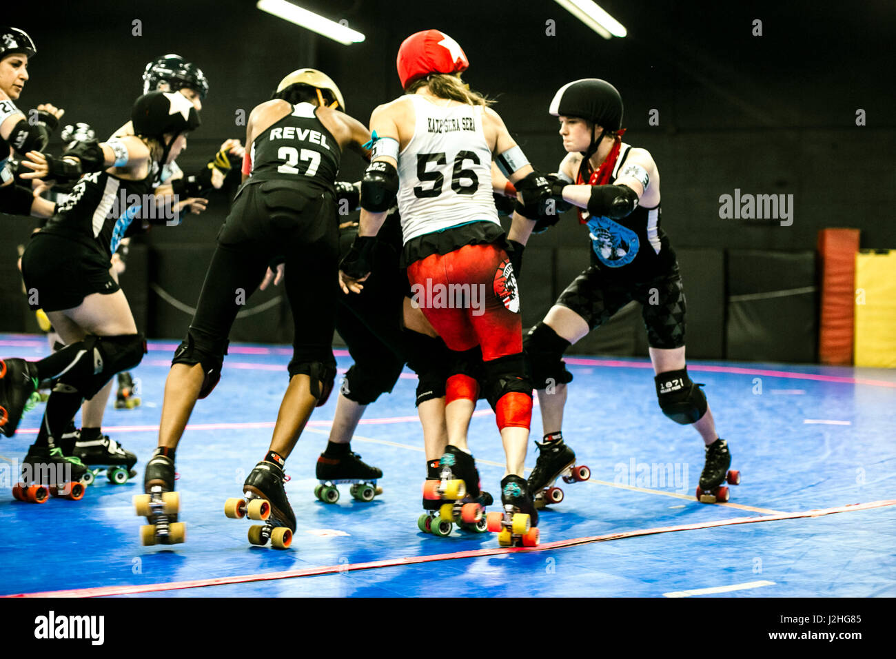Brooklyn, New York, USA. The Gotham Girls Roller Derby team at a