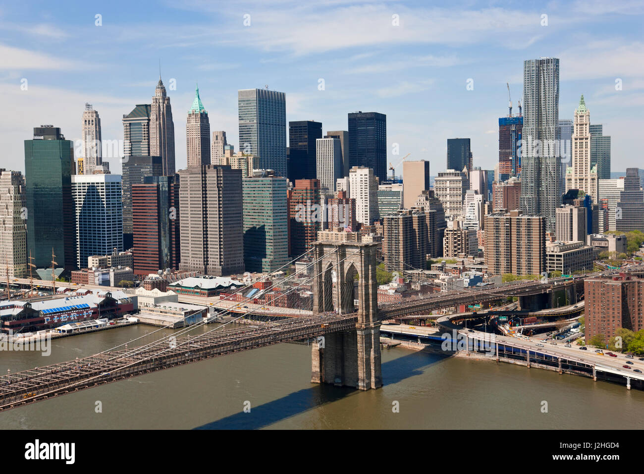 Cityscape of Lower Manhattan and Brooklyn Bridge New York City, USA Stock Photo