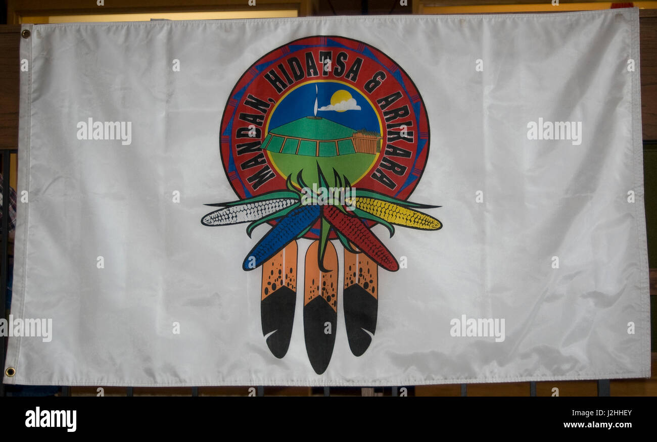 Three Affiliated Tribes tribal flag of the Mandan, Hidatsa and Arikara Nations that reside on the Fort Berthold Indian Reservation, North Dakota Stock Photo