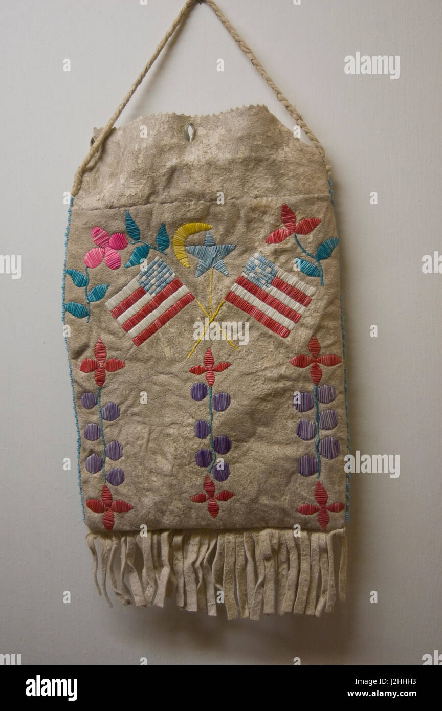 Porcupine quill embroidery on buckskin bag on display at the Three
