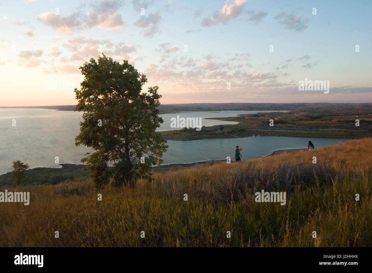 Pristine scenic vistas overlook Lake Sakakawea of the Missouri River that encompasses the Fort Berthold Indian Reservation that is home to the Mandan, Arikara and Hidatsa tribes in North Dakota Stock Photo