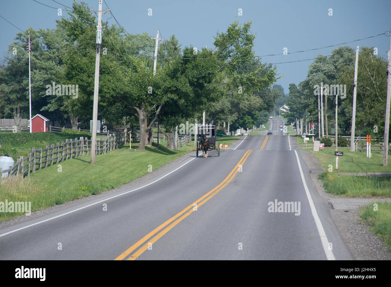 Ohio, Geauga County, Middlefield. Typical Amish horse carriage on the rural roads of Ohio. Stock Photo