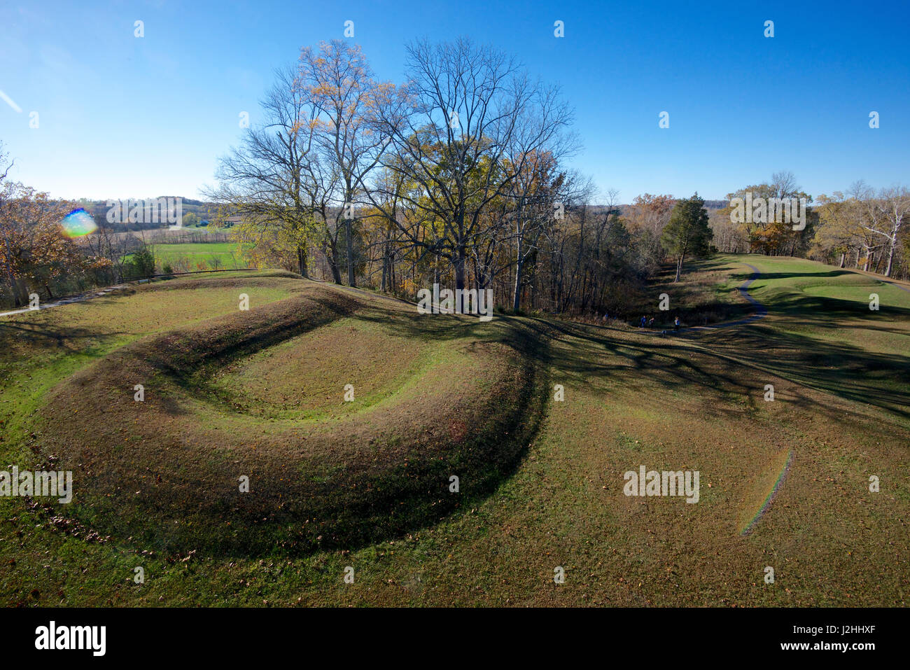 The Great Serpent Mound is a 1,348-foot (411 m) long, three-foot-high prehistoric effigy mound on a plateau, Ohio. It is thought that the loops of the serpent may have astrological alignments with the sun and moon. (Large format sizes available) Stock Photo