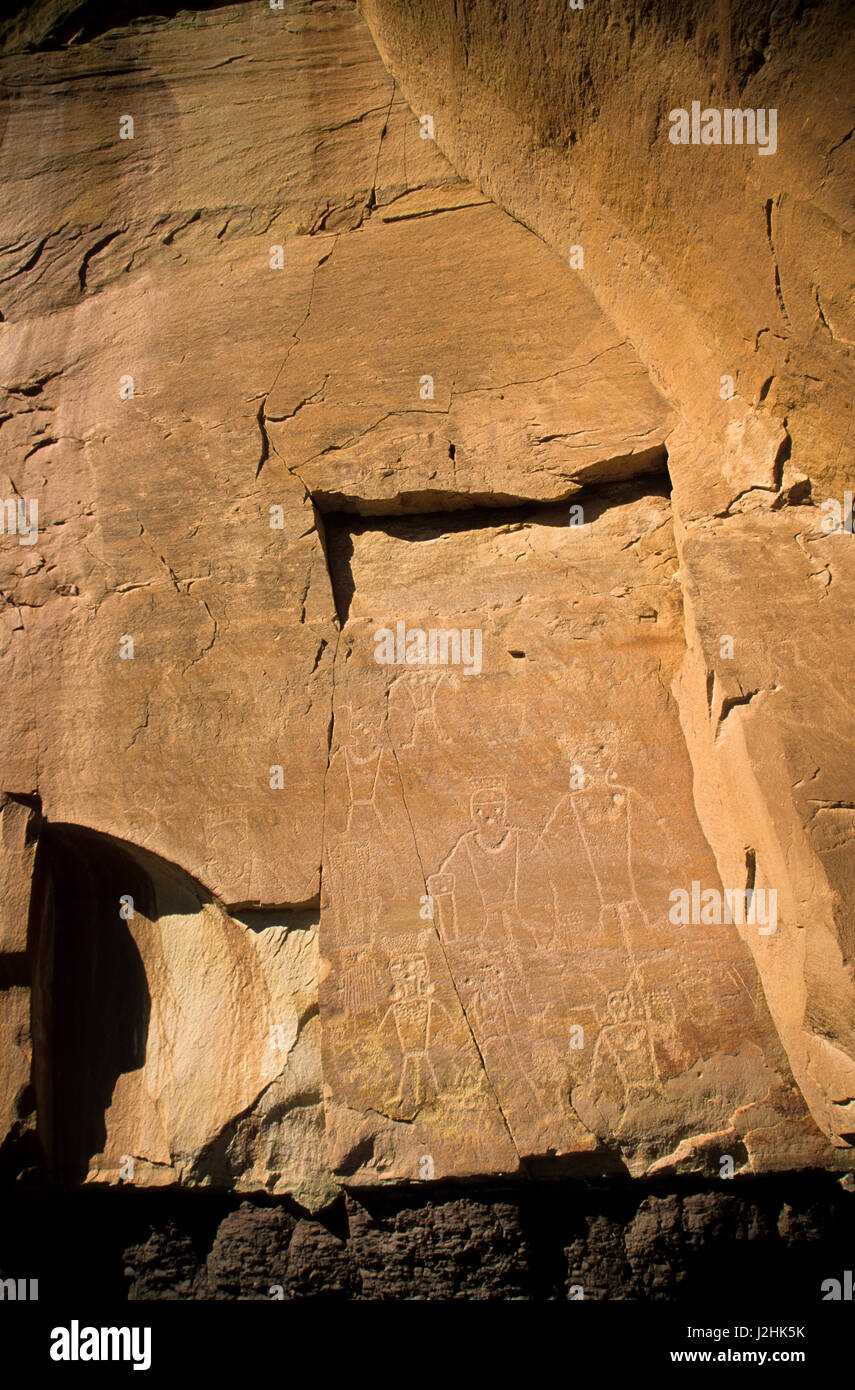 Freemont petroglyph rock art of humans on canyon panel on the McConkie Ranch up Dry Forks of Nine Mile Canyon, Utah Stock Photo