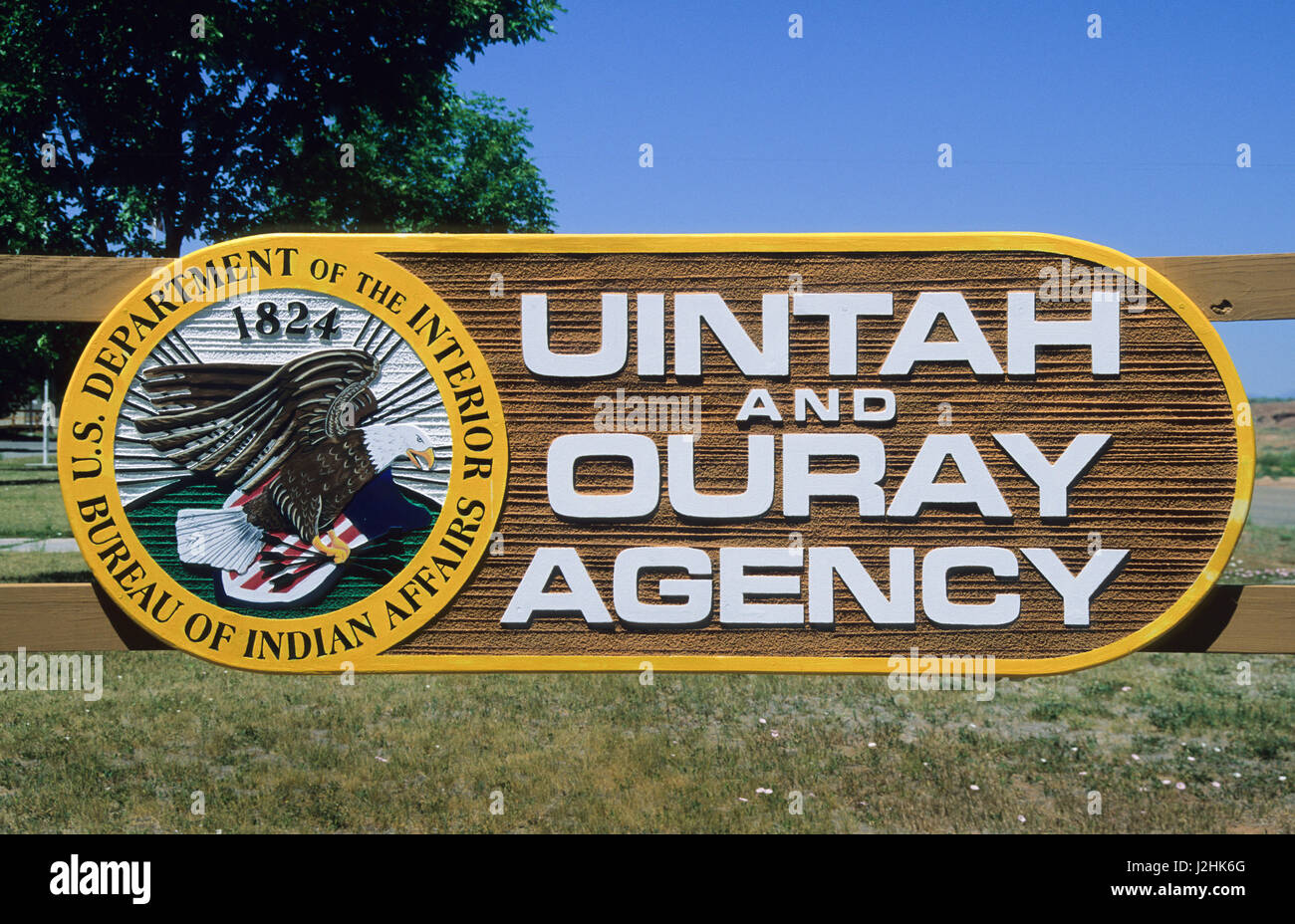 Uintah and Ouray Agency sign of the Ute Indians, Fort Duchesne on the Uintah and Ouray Reservation, Utah. Stock Photo