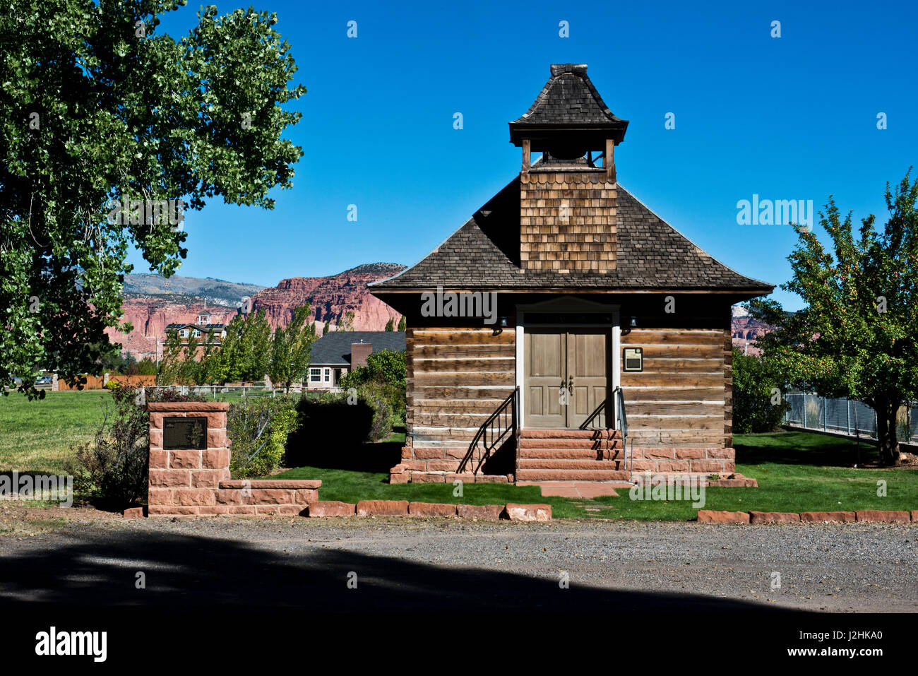 USA, Utah, Torrey, One Room LDS Log Church- Schoolhouse, (Large format sizes available) Stock Photo
