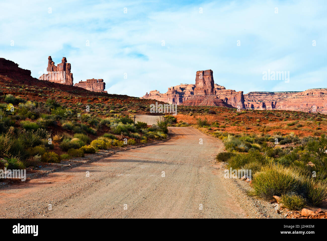 USA, Utah, Monticello, Valley of the Gods, Roadway and Castle Butte (Large format sizes available) Stock Photo