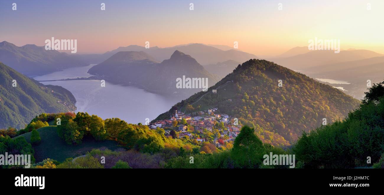 Sunset, Panoramablick, village Brè sopra Lugano with lake Lugano, Lugano, Canton of Ticino, Switzerland Stock Photo