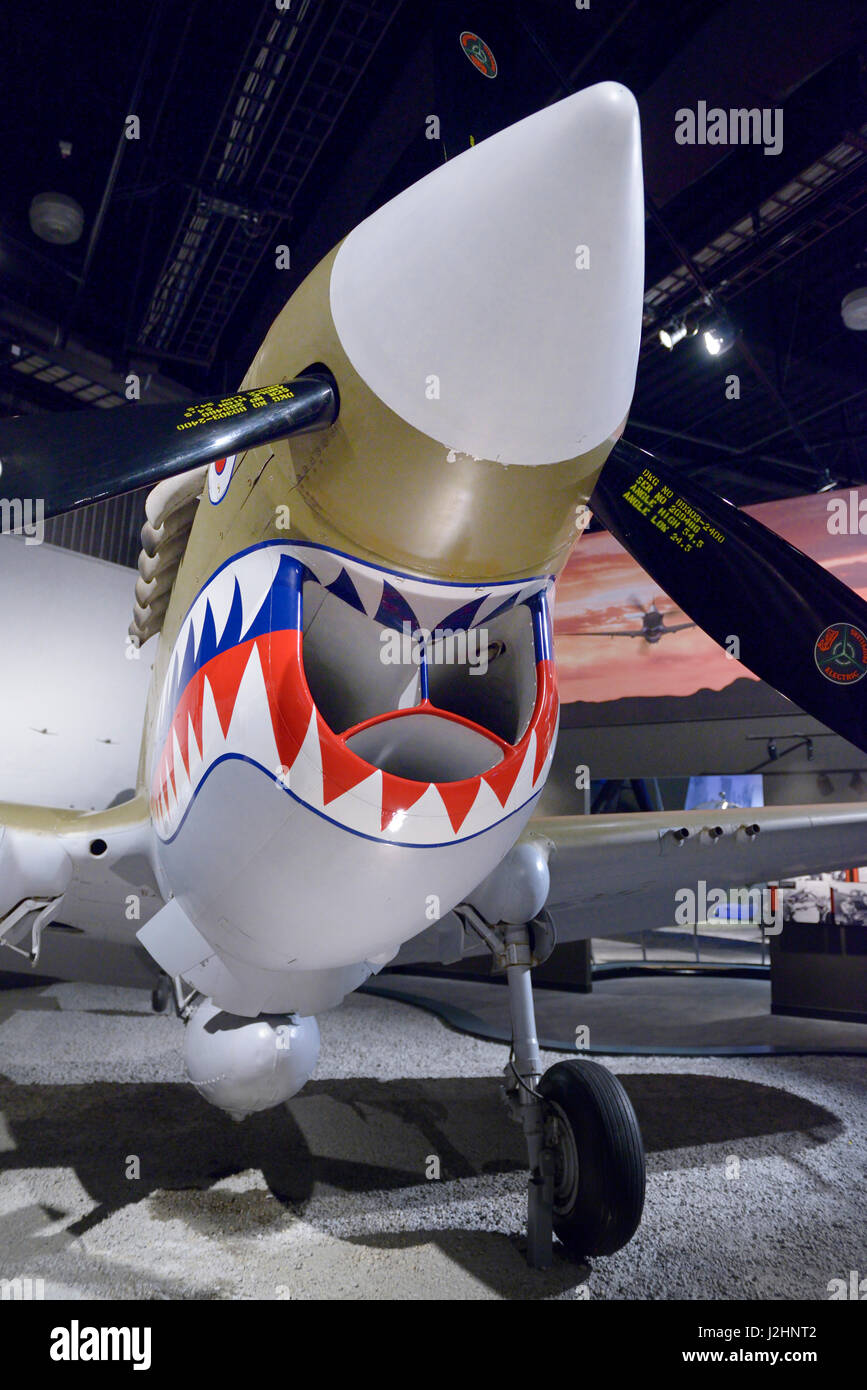 Seattle. Curtiss P-40N Warhawk nose-art and air intake. The Curtiss P-40 Warhawk was an American single-seat, all-metal fighter and ground attack aircraft that first flew in 1938. The Museum of Flight. (Large format sizes available) Stock Photo