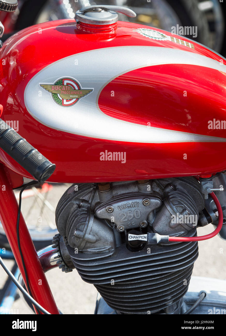 Vintage Ducati 250cc motorcycle detail. UK Stock Photo