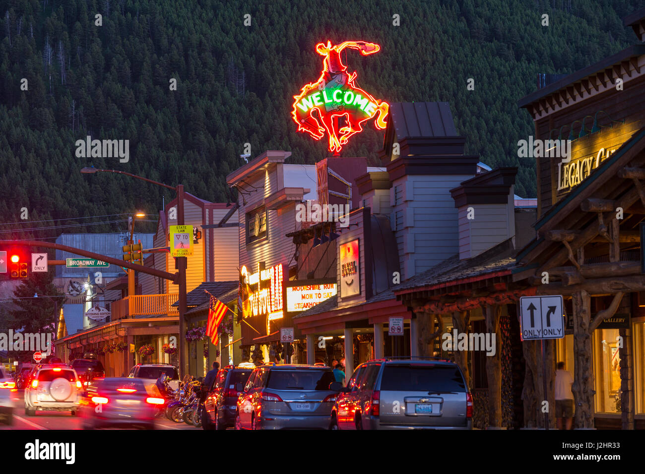Street with restaurants and shops, Jackson Hole, Wyoming, USA Stock Photo