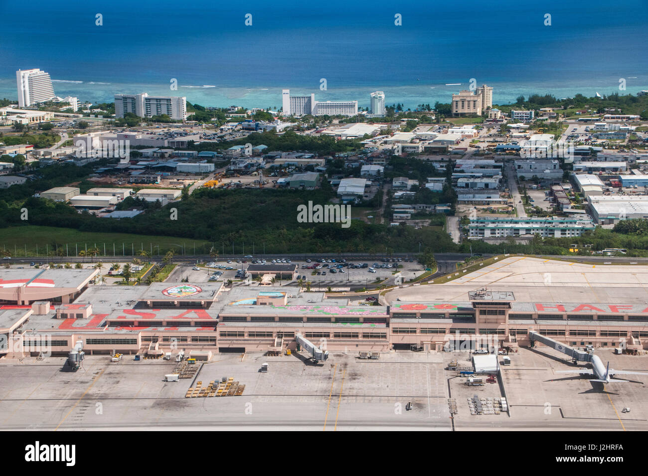Aerial of the Airport of Guam, US Territory, Central Pacific Stock Photo