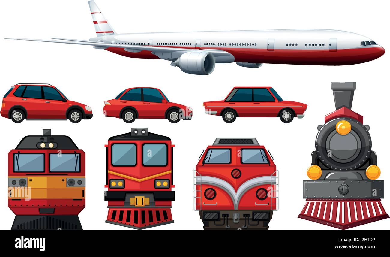 different types of vehicles in red color illustration Stock Vector