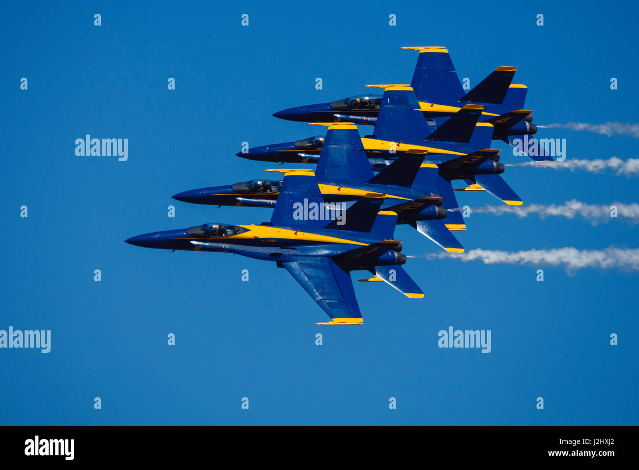 Blue Angels echelon parade pass at the Airshow of the Cascades. Stock Photo