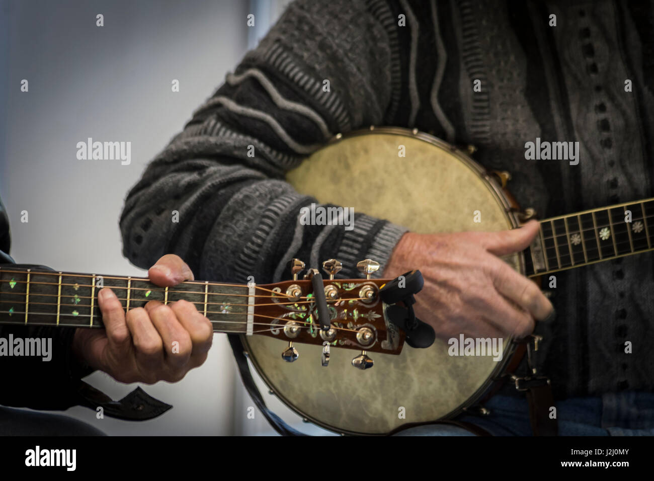 USA, Virginia, Blue Ridge Parkway. Men playing banjos at the Blue Ridge ...