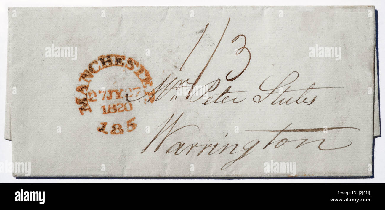 1820 hand-written envelope, postmarked Manchester, addressed to Stubs  (or Stubbs, file makers) of Warrington. Stock Photo