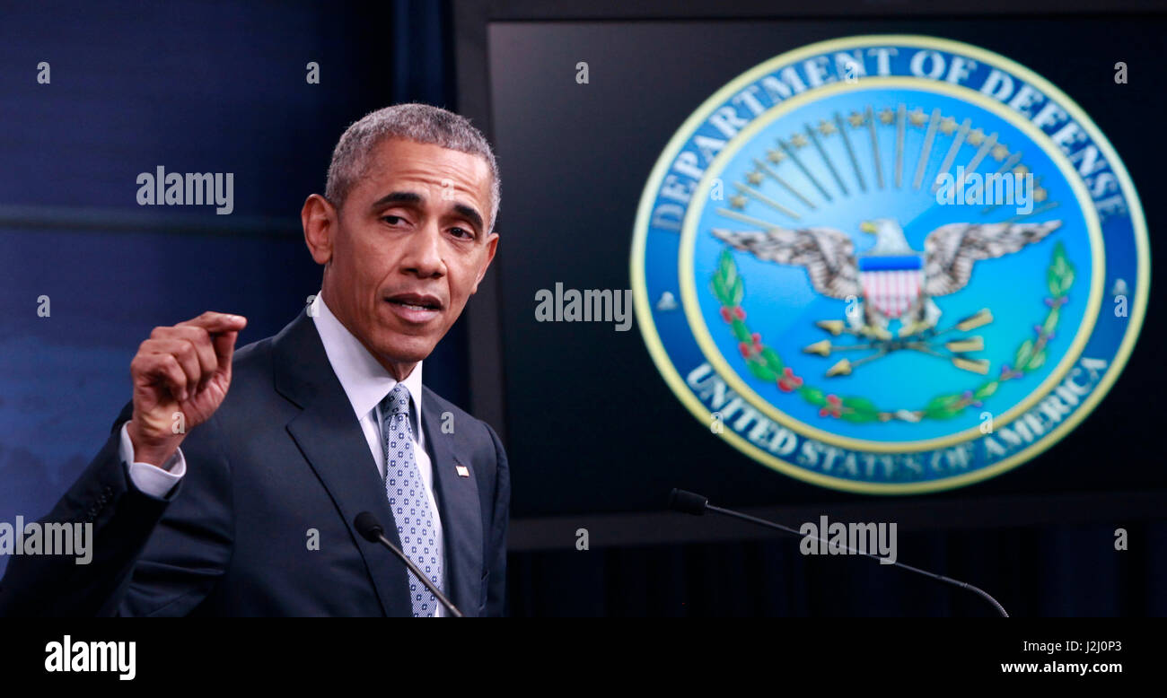 President Barack Obama answers questions at a press briefing at the Pentagon on August 4, 2016 Stock Photo
