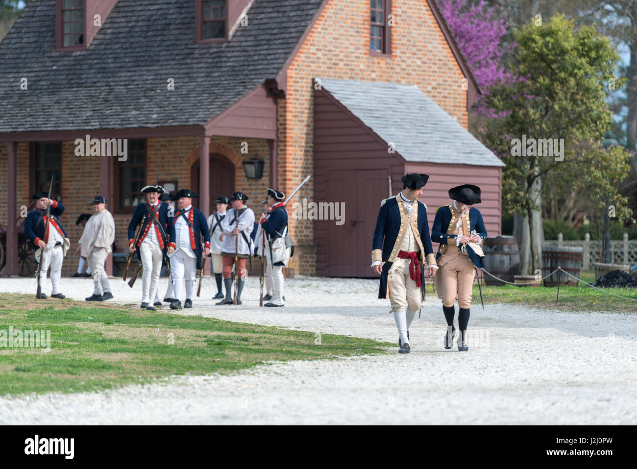 USA, Virginia, Williamsburg, Colonial Williamsburg, Revolutionary War military character actors (Large format sizes available) Stock Photo