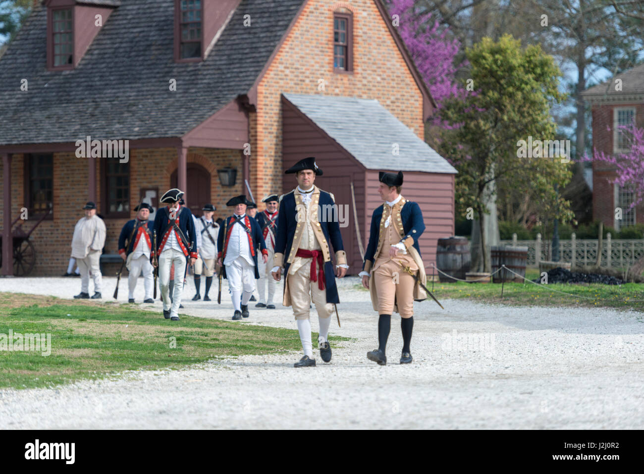 USA, Virginia, Williamsburg, Colonial Williamsburg, Revolutionary War military character actors (Large format sizes available) Stock Photo