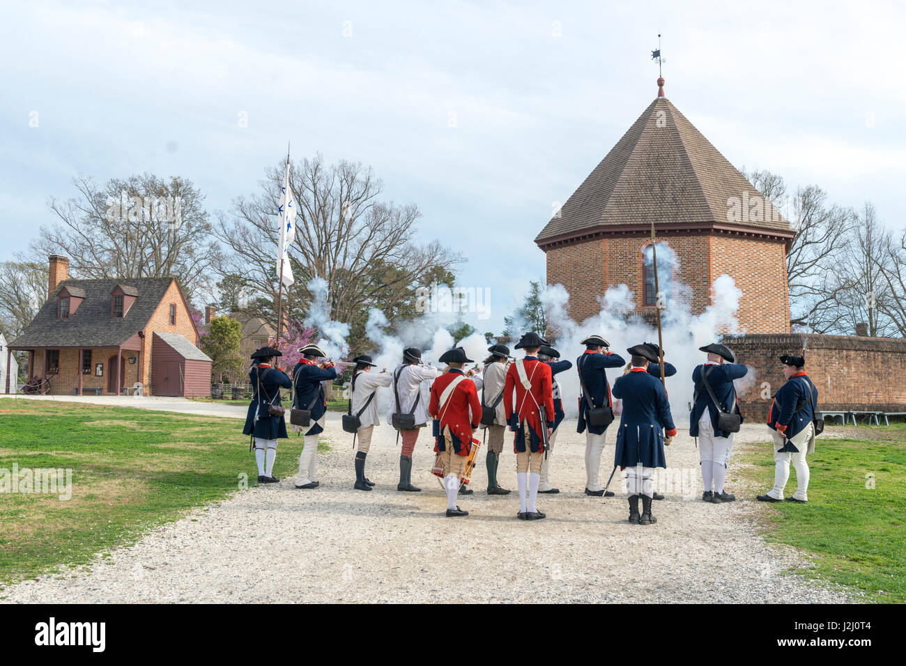 USA, Virginia, Williamsburg, Colonial Williamsburg, Revolutionary War military character actors (Large format sizes available) Stock Photo